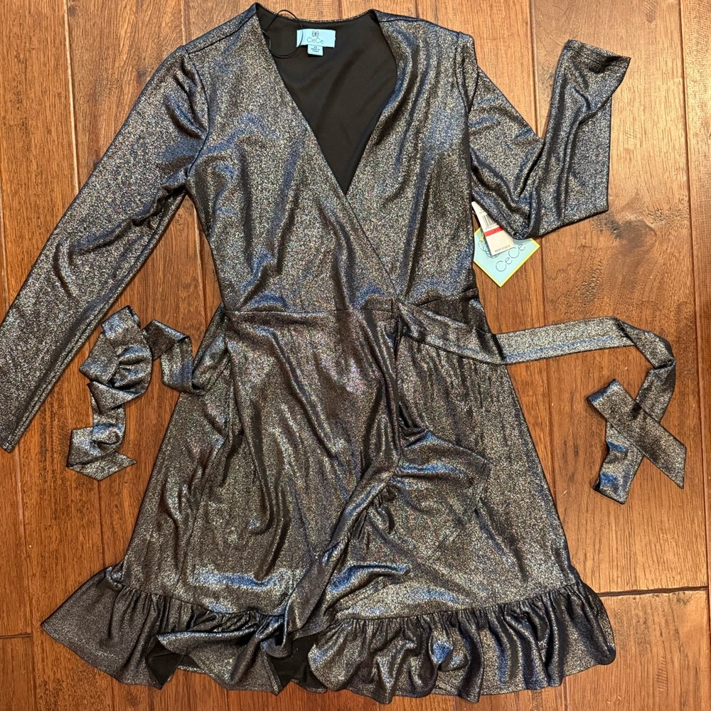 CeCe Sparkly Silver/Gray Wrap Dress